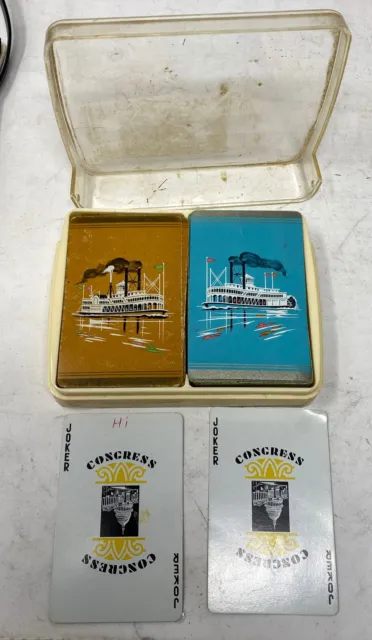 Vintage Steamboat Playing Cards: x2 Decks: plastic holder turquoise brown