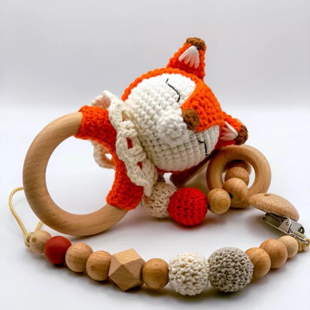  Baby Gift Set :Fox Crochet Rattle Ring ,Baby Teether, Pacifier clip