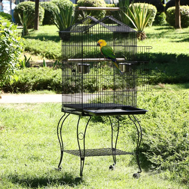 Volière Cage à oiseaux Métal Canaries Perroquet Perruches Roulettes Support Noir 2