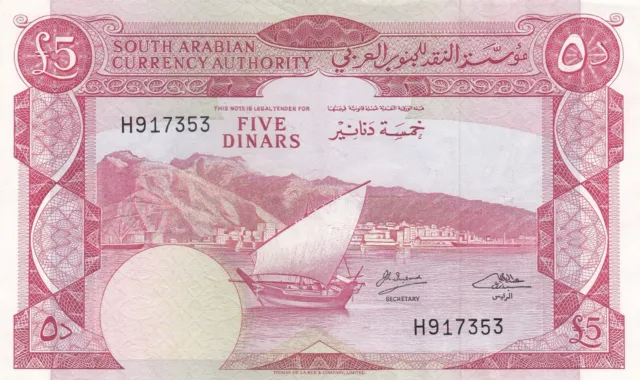 South Arabian Currency, Yemen, 5 Dinars, 1965, P5, XF++/AUNC