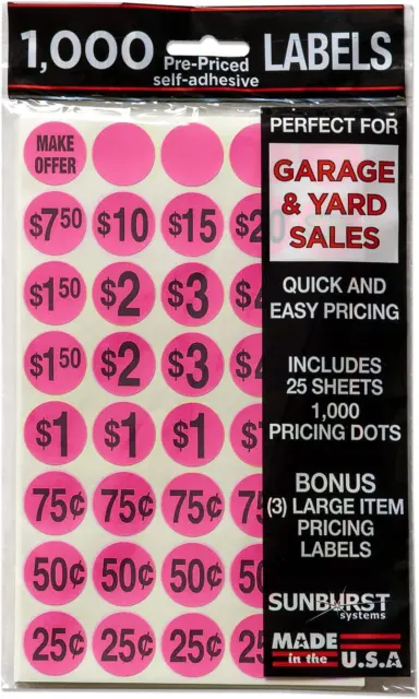 7035 Priced Garage Sale Stickers, 1,000 Count Pre-Printed Labels, Pink
