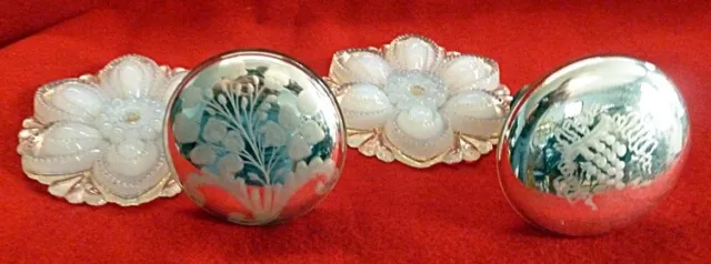 TWO Antique Mercury Glass Etched Curtain Tie Back Knobs & Sabino Like Rosettes