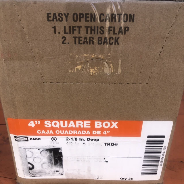 Hubbell Raco Electrical Box - 4" Sqaure Box - 2 1/8" Deep - Cat# 232 - Box of 25