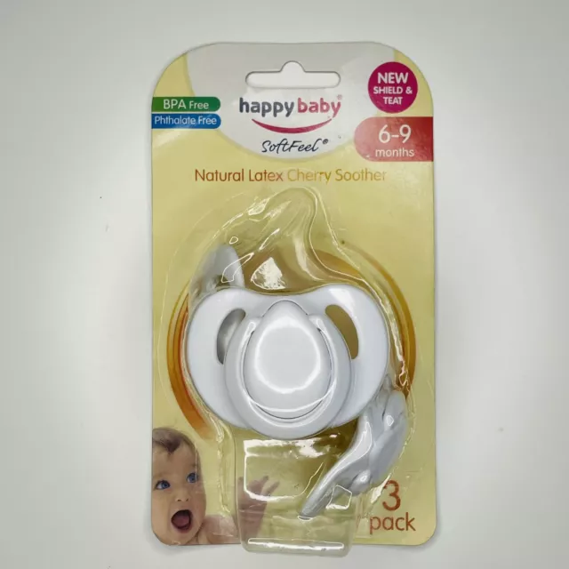 3X HAPPY BABY Natural Latex Cherry Dummies White 6 9 Month New