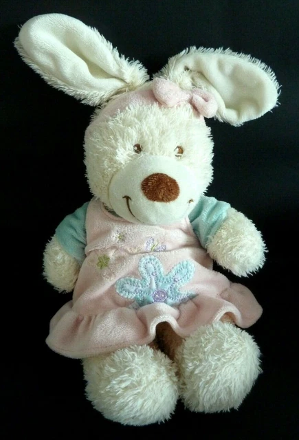 N7. DOUDOU PELUCHE TEX BABY LAPIN BLANC BANDEAU ROBE ROSE BLEU 26/35cms TBE