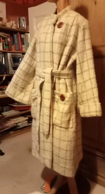 Genuine Vintage 1970s Long Wool Warm Coat In Ivory Plaid Boucle. Belted 14/16