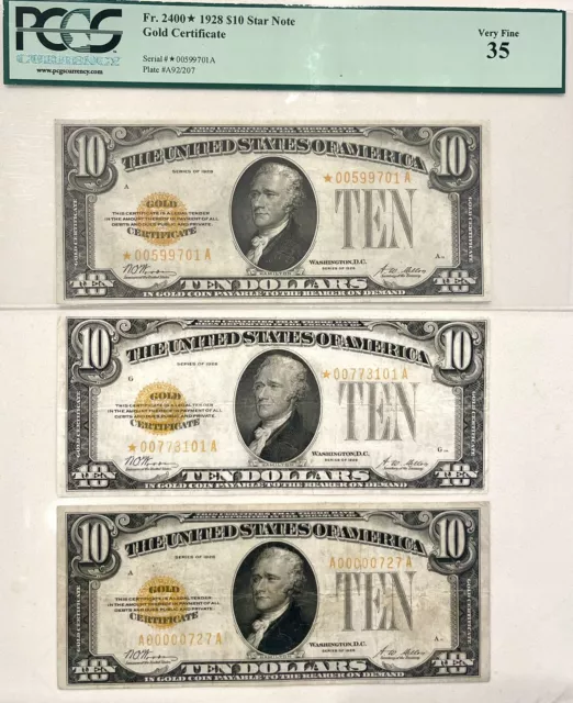 3 Scarce 1928 $10 Ten Dollars Gold Certificates, 2 Star Notes & Low 3 Digit Note