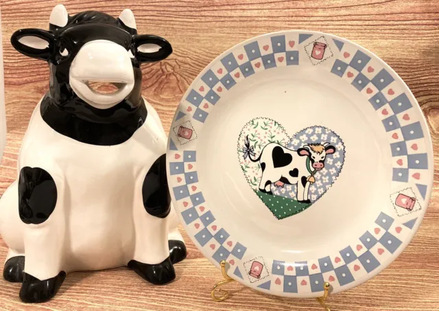 Vintage Black & White Sitting Holstein Cow Pitcher + Cow Plate Farmhouse Country