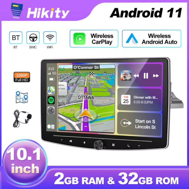 Single 1 Din Rotatable 10" Android 11 Apple Carplay Car Stereo Radio WiFi GPS BT