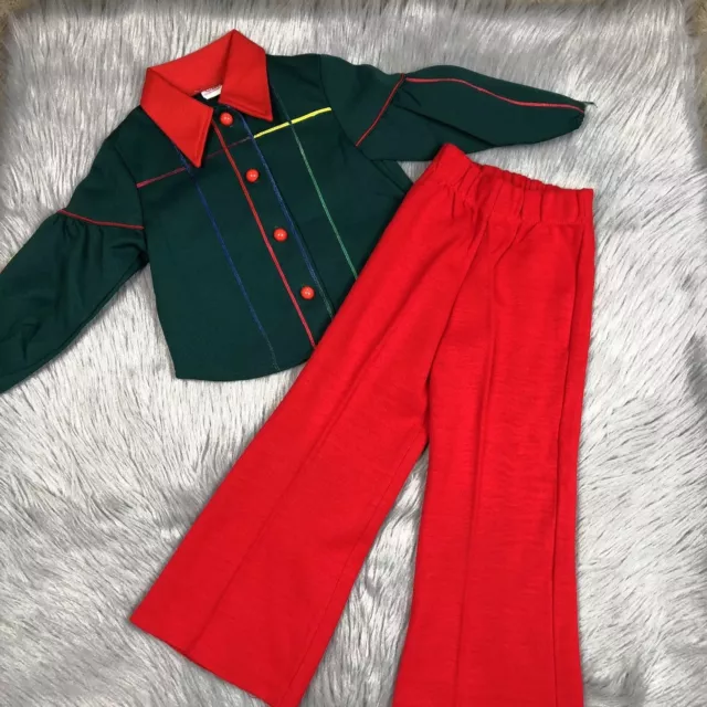 Vintage Sears Toddler Girls Red Green Polyester Shirt Pant Set 1970s Fall Outfit