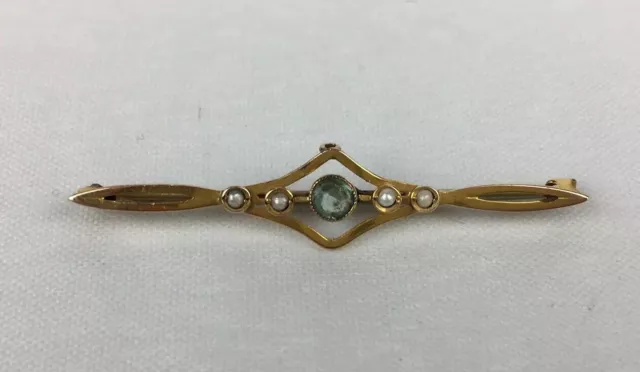 Antique 9ct Yellow Gold Seed Pearl & Aquamarine Bar Brooch 4.6cm Wide