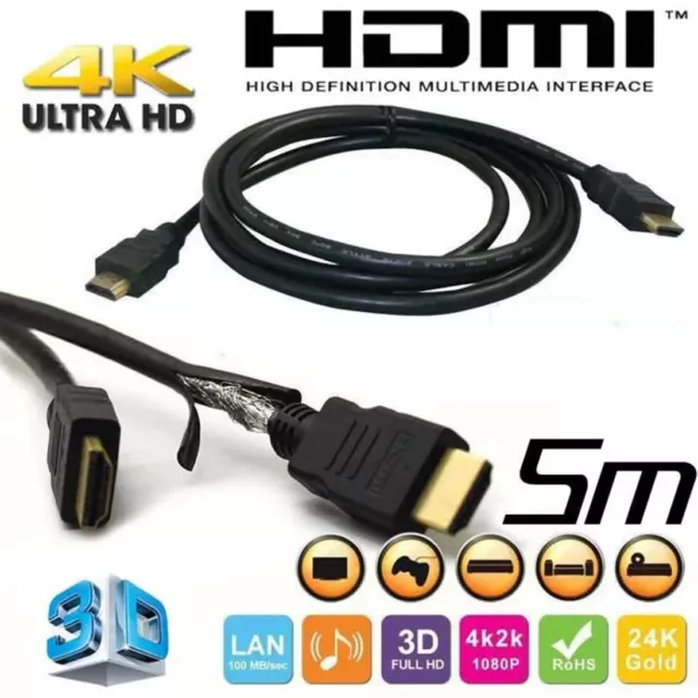 Cable HDMI 5m FULL HD TV BLU RAY PS4 SWITCH XBOX ONE 1080P 4K GOLD HIGH SPEED