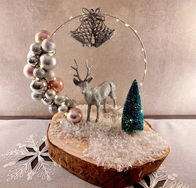 Weihnachten Tisch Deko Ring Hirsch Silber Rose Kugeln Holzbrett Unikat Handmade