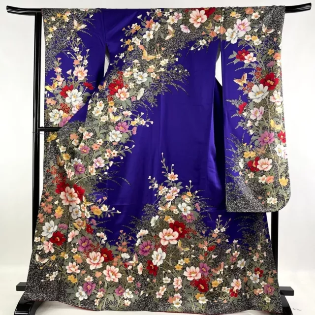 Japanese kimono SILK"FURISODE"Gold thread/leaf, a Field of flowers,L5' 6"..3405