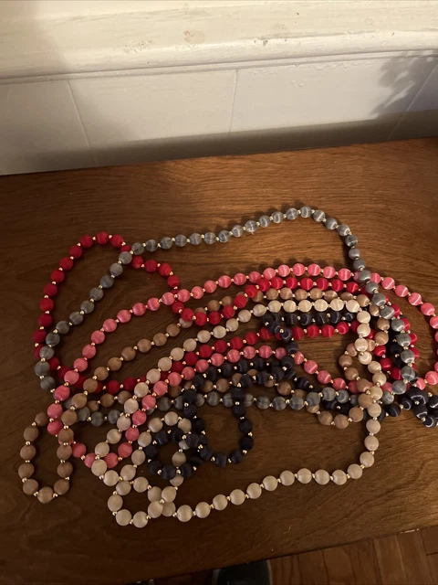 Lot of 6 Vintage Satin Silk Thread Wrapped Bead Necklaces Red Pink Tan Gray