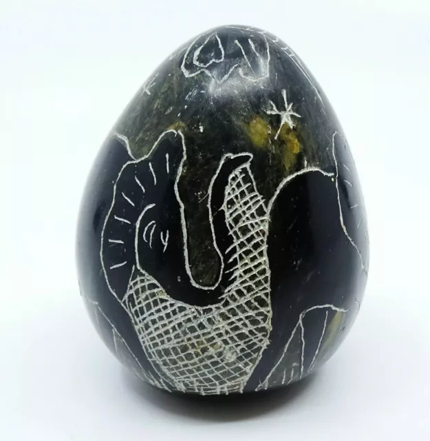 Vintage Carved Stone Egg Shaped Paperweight Elephants