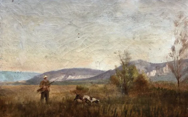 Cuadro antiguo, cazador y sus perros, óleo sobre lienzo, pintura, siglo XIX