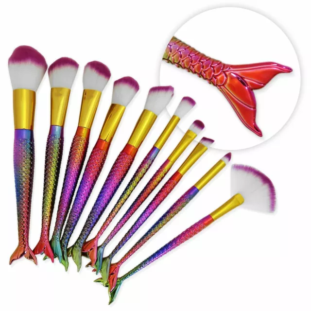 10 Pezzi Mermaid Tail Make up Brushes Set Arcobaleno Fondotinta Fard Cipria Viso 2