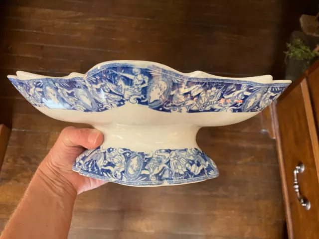 Rare antique blue white Staffordshire transferware compote dish unusual Neptune