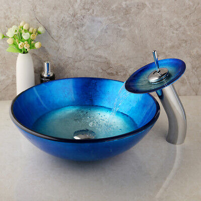 Bathroom Blue Tempered Glass Basin Vessel Sink Bowl With Waterfall Faucet Set