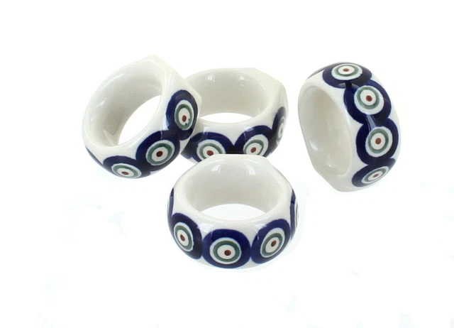 Blue Rose Polish Pottery Peacock Napkin Ring Set