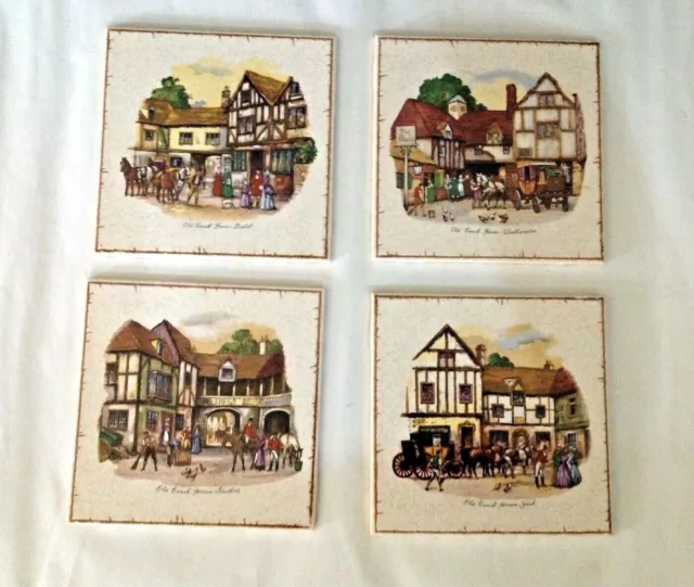 Vintage Set of 4 H&R Johnson OLD COACH BRISTOL YORK STRATFORD England Art Tiles