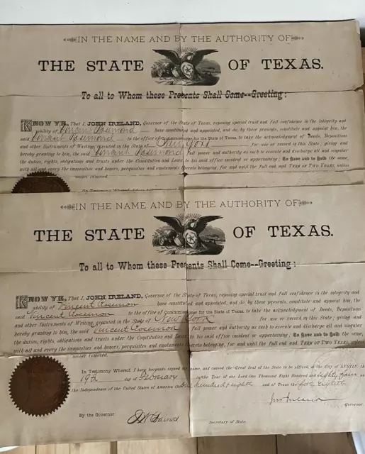 John Ireland Governor of Texas & Joseph Wilson Baines Documents Signed 1884/ 86