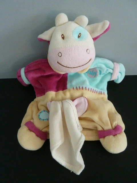 O9- Doudou Plat Marionnette Baby Nat Vache Rose Bleu Jaune Poche Mouchoir Ttbe