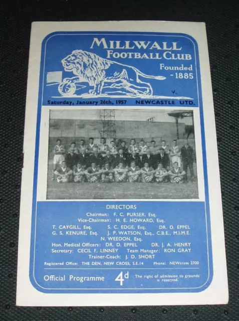 MILLWALL v NEWCASTLE UNITED  1956/57  F.A CUP 4TH ROUND MATCHDAY PROGRAMME