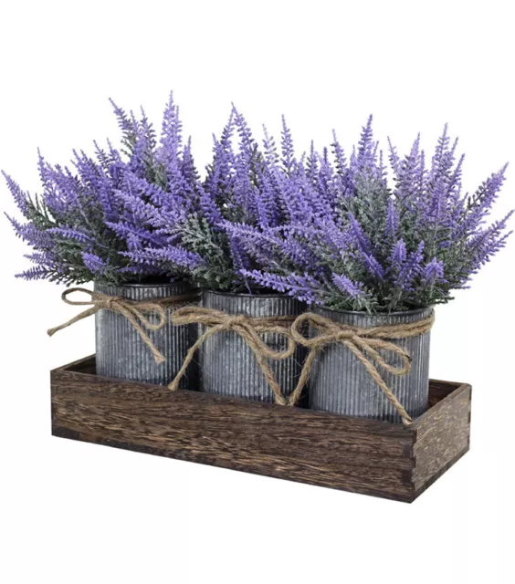 3 Artificial Lavender Flower Plants in Rustic Galvanized Metal Pots Wood Tray