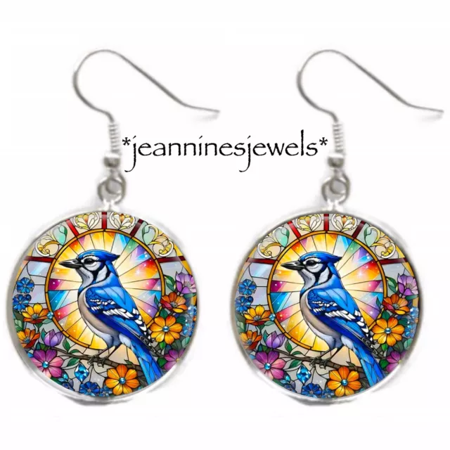 Spring Bird Earrings FAUX Stained Glass Blue Jay Art Print Silver Charm Dangle