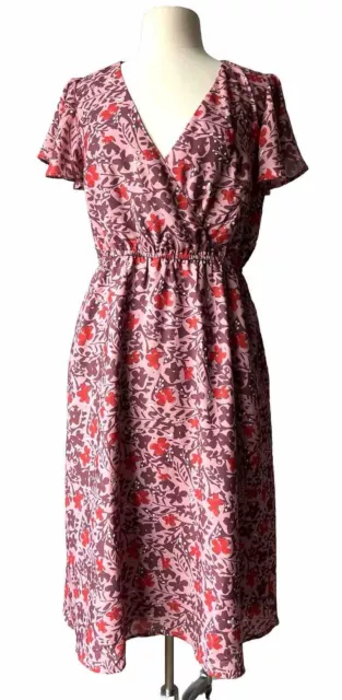 Modcloth Women’s LARGE Fit Flare Dress Pink Floral Pockets Flutter Sleeve EUC k