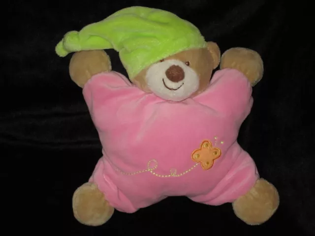 Doudou Grelot Hochet Ours marron rose avec bonnet vert Nattou Jollymex Papillon
