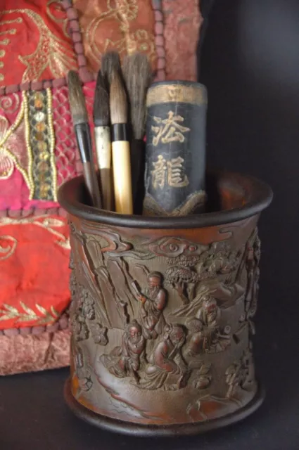 Old Chinese Bamboo Bitong / Scholar Brush Pot …beautifully hand carved