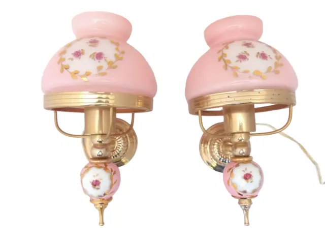 CHARMING PAIR VINTAGE 1970 Opaline Glass Floral Wall Lights