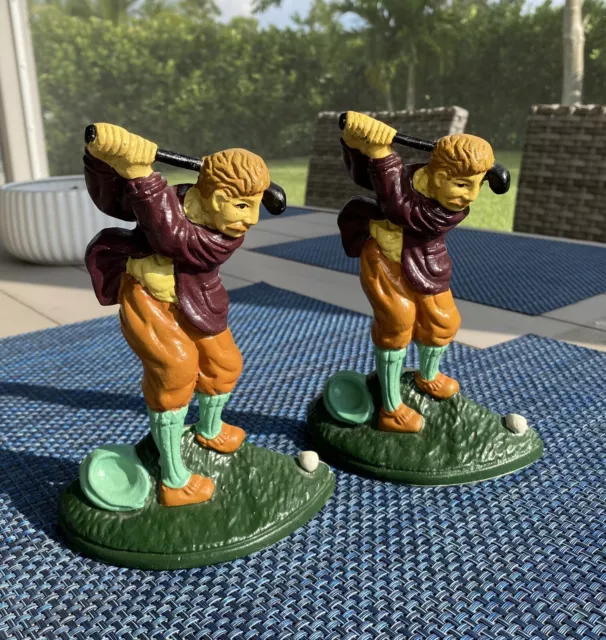 Vintage Pre-2000 Upper Deck Cast Iron Man Golfing Sculptures  7.25” H - 5 1/2” W