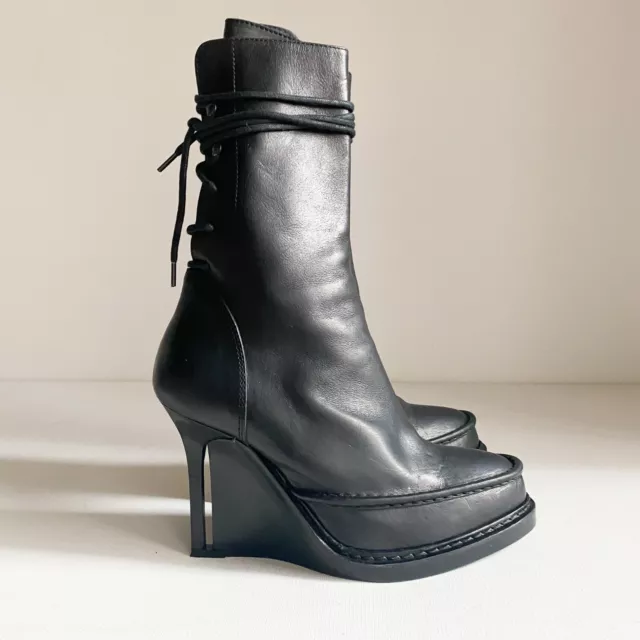 Ann Demeulemeester Black Leather Lace up Detail Boots 36.5