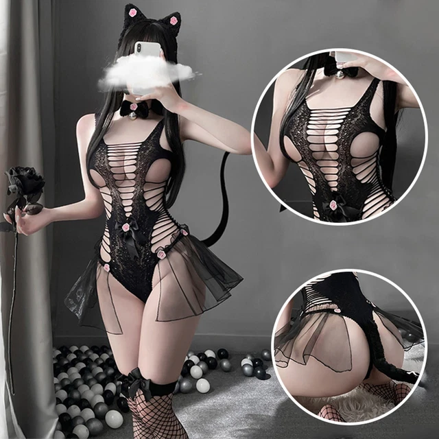 Women's Sexy Cat Lingerie Jumpsuit Sexy Mesh Bow Jumpsuit Underwear