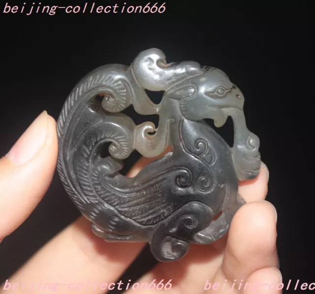 2" Chinese Hetian jade carved wealth Lucky Phoenix bird jade bi amulet pendant