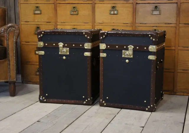 Antique Style Pair of black Polished Useful milliner canvas side table trunks