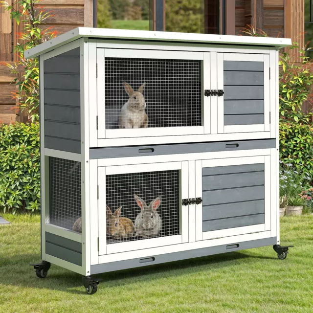 41"L Two Tier Rabbit Hutch Bunny Cage with Wheels Indoor Outdoor Guinea Pig Cage