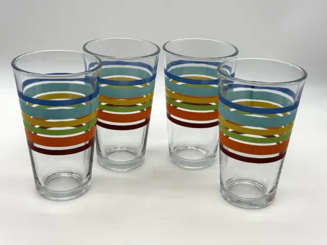 VTG Libbey Set of 4 Glasses 16 oz Striped Fiesta Rainbow Mambo Tea Tumblers MCM