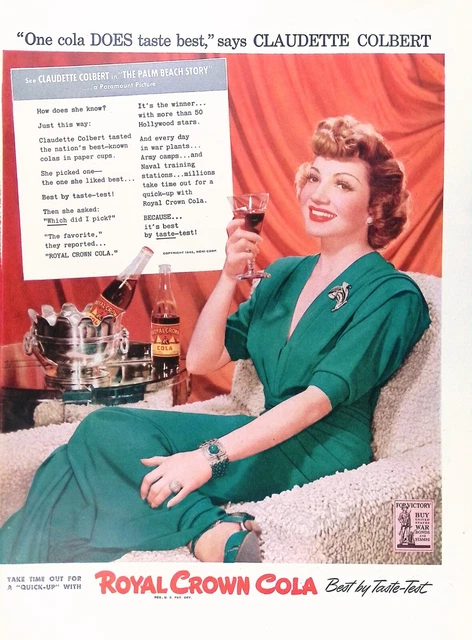 Claudette Colbert 1942 Print Ad Royal Crown Cola Celebrity Movie Star  11"X14"