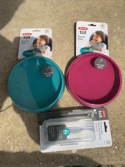 (Lot of 2)OXO Tot Silicone Bowl Teal blue And Pink (with Forks!)