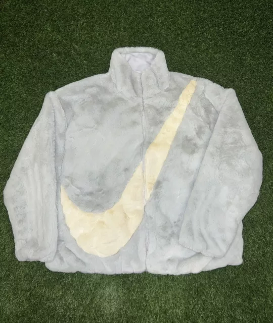 Nike Sportswear Womens M Medium Luxe Faux Fur Jacket Swoosh Full Zip MSRP  $175