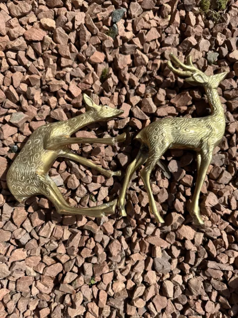 Vintage Pair Brass Spotted Stag And Doe Deer Figurines Ornaments 7” & 4.75”