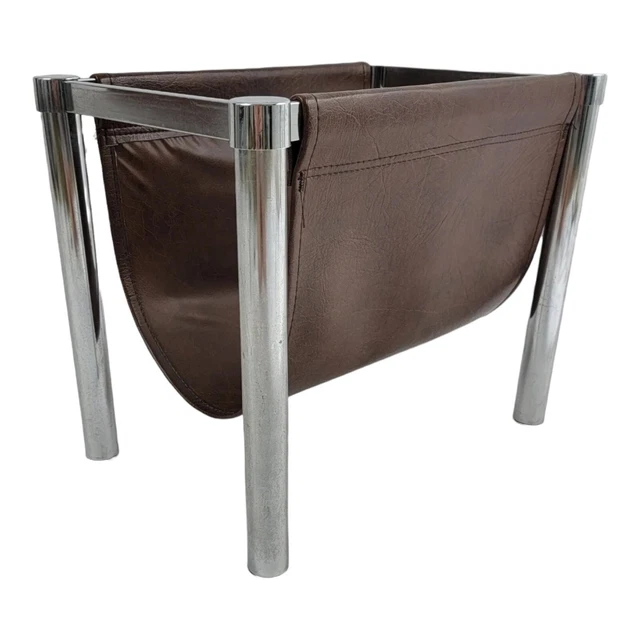 Mid-Century Modern Magazine Rack Record Album Stand Holder Chrome Faux Leather Mid-Century Modern Magazine Rack Record Album Stand Holder Chrome Faux Leather