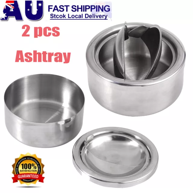 2X Stainless Steel Cigarette Ashtray Round with Windproof Lid Cover Smokeless AU