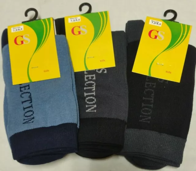 3 Pairs GS Crew Socks For Kids Boys Blue Gray Black Fits Shoe Sizes 7/7.5/8/8.5