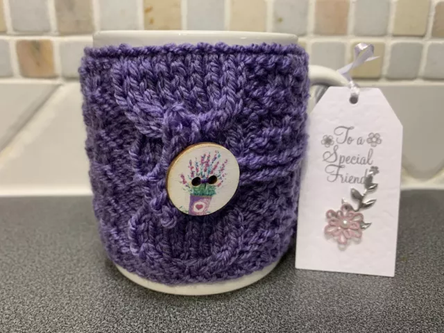 Hand Knitted Lavender Mug Cosy With Lavender Button